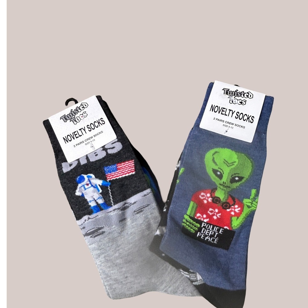 Twisted Toes Space Alien Astronaut Novelty Crew Socks 4 Pairs Size 6-12